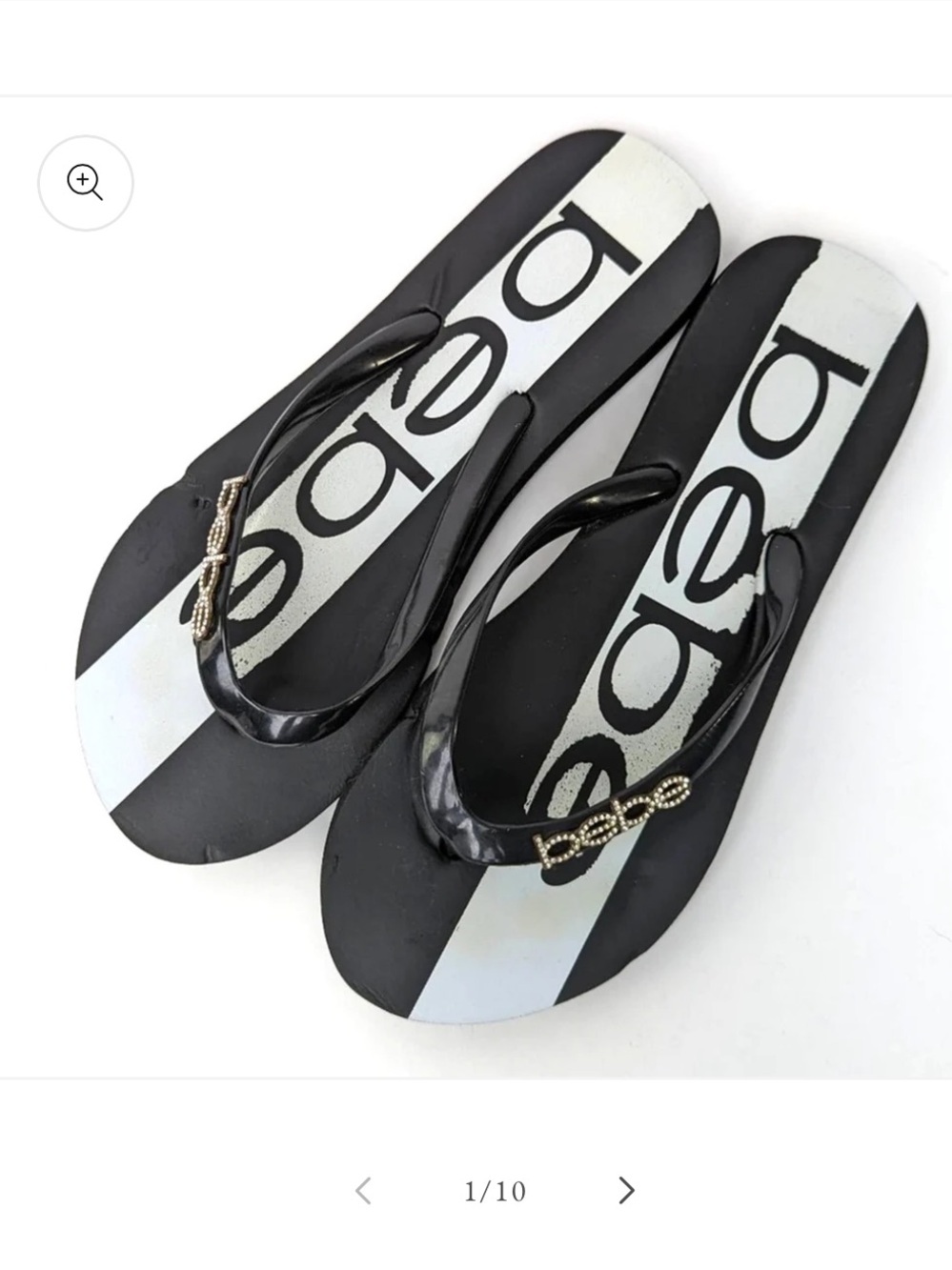 bebe Black and White Striped Thong Sandals with Gold Logo
